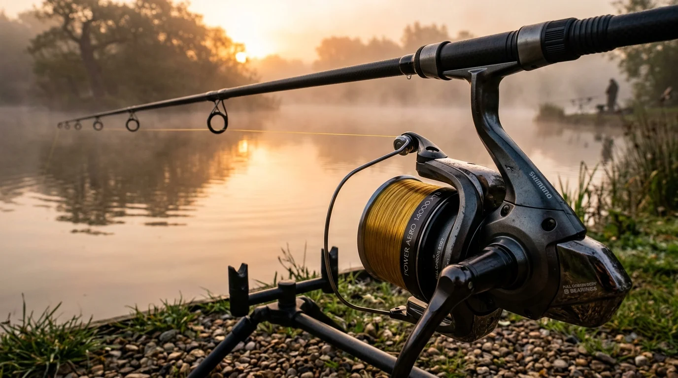 Close up of taut monofilament carp fishing line on a reel at sunrise