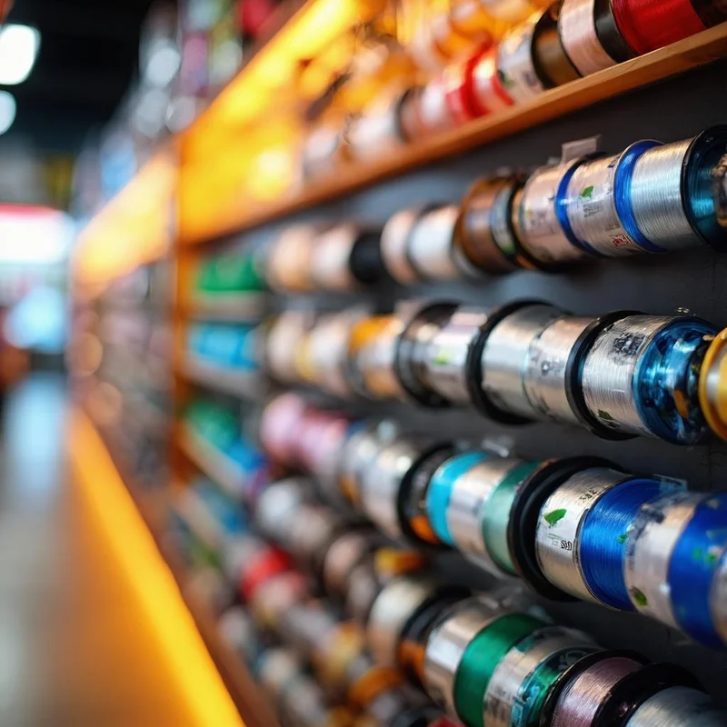 Fishing line spools display wall at tackle shop