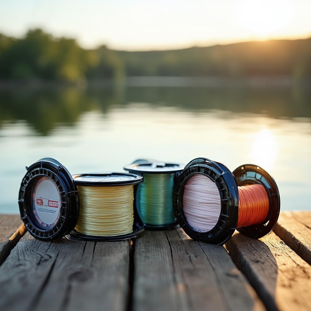 Assorted fishing line spools on a workbench, mono fluoro and braid side by side