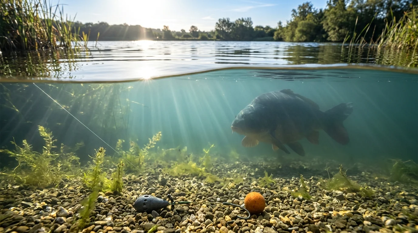 Underwater view of invisible fluorocarbon line and carp rig on lakebed